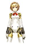  1girl aegis aegis_(persona) amagai_tarou android atlus blonde_hair blue_eyes bow persona persona_3 ribbon robot robot_joints short_hair simple_background solo 