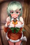  1girl :d absurdres ascot blurry blush breasts cleavage depth_of_field detached_sleeves dress green_eyes green_hair hair_ornament hairclip highres kantai_collection long_hair looking_at_viewer okitsugu open_mouth red_dress sack santa_costume smile solo suzuya_(kantai_collection) sweat waving wavy_mouth 