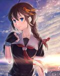  1girl ahoge black_serafuku blue_eyes braid brown_hair clouds cloudy_sky collarbone fingerless_gloves gloves hair_flaps hair_ornament hand_on_own_chest itou_(onsoku_tassha) kantai_collection lens_flare light_particles looking_to_the_side necktie outdoors pensive school_uniform serafuku shigure_(kantai_collection) single_braid sky solo twilight upper_body wind 