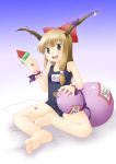  1girl :d barefoot brown_hair feet female food fruit gourd holding holding_fruit horns ibuki_suika indian_style kannazuki_hato long_hair name_tag object_namesake one-piece_swimsuit open_mouth popsicle school_swimsuit simple_background sitting smile solo swimsuit touhou watermelon 