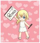  1girl ;) blonde_hair blue_eyes chibi dress heart holding kingdom_hearts looking_at_viewer namine one_eye_closed pen pink_background short_hair sign simple_background sleeveless sleeveless_dress smile solo sundress text white_dress wink 