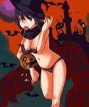  1girl bikini candy halloween hat jack-o&#039;-lantern johnny_funamushi lollipop original pumpkin purple_hair red_eyes solo swimsuit witch_hat 