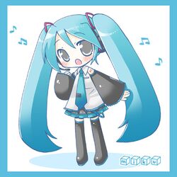  1girl :o aqua_hair blush border character_name chibi detached_sleeves hatsune_miku headphones headset long_hair lowres microphone music musical_note nail_polish necktie open_mouth quaver shadow shudou_rima simple_background singing skirt solo standing thigh-highs twintails very_long_hair vocaloid white_background zettai_ryouiki 