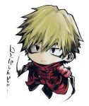  1boy blonde_hair chibi coat dangan_ronpa dangan_ronpa_3 grey_eyes izayoi_sounosuke kunai long_coat male_focus red_coat reticulum sanpaku short_hair simple_background weapon white_background 