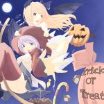  2girls :o blonde_hair broom broom_riding brown_eyes candy checkerboard_cookie cookie food halloween highres jack-o&#039;-lantern kasai_souya long_hair multiple_girls original pumpkin red_legwear short_hair skirt thigh-highs trick_or_treat violet_eyes witch 