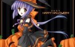  00s 1girl 2007 boots detached_sleeves food_themed_hair_ornament hair_ornament halloween happy_halloween hasegawa_yukino hat jack-o&#039;-lantern pumpkin pumpkin_hair_ornament purple_hair short_hair skirt smile solo wallpaper witch_hat yellow_eyes 