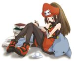  1girl arc_system_works book brown_hair cup dolphin gloves guilty_gear may_(guilty_gear) orange_shirt pantyhose pirate shirt skull_and_crossbones solo studying stuffed_animal stuffed_toy teacup 