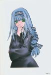  1girl azuma_mayumi black_dress blue_hair dress elemental_gelade green_eyes highres long_hair reverie_metherlence solo 