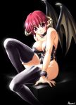  1girl bat_wings boots bracelet breasts choker cleavage collar corset demon_girl horns jewelry kagehara_hanzou large_breasts latex leg_up legs long_legs original red_eyes redhead short_hair sideboob solo thigh-highs thigh_boots thighs wings 