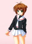  1girl 90s brown_hair card_captor_sakura child green_eyes kinomoto_sakura legs_apart long_sleeves looking_at_viewer necktie odaya odayan pink_background pleated_skirt sailor_collar school_uniform serafuku short_hair simple_background skirt solo white_necktie white_skirt 