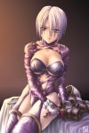  1girl bed bed_sheet breasts brown_background cleavage cleavage_cutout corset garter_straps isabella_valentine kagehara_hanzou large_breasts looking_at_viewer on_bed purple_legwear short_hair silver_hair simple_background sitting solo soul_calibur soulcalibur_i thigh-highs violet_eyes zettai_ryouiki 