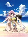  3girls animal_ears barefoot beach bikini blonde_hair brown_eyes brown_hair bunny_hair_ornament casual_one-piece_swimsuit cat_ears clouds hair_ornament kneeling long_hair misha misha_(pita_ten) multiple_girls ocean official_art one-piece_swimsuit outdoors pink_hair pita_ten ponytail sakai_kyuuta shia shia_(pita_ten) sitting sky striped striped_bikini striped_swimsuit swimsuit tankini uematsu_koboshi white_swimsuit 