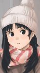  1girl :o bangs beanie black_eyes black_hair blush face hat long_hair looking_at_viewer looking_to_the_side open_mouth original pom_pom_(clothes) portrait red_scarf scarf solo striped striped_scarf tagme tamaru_tokihiko 