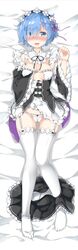  1girl :d absurdres aokihoshi bed_sheet blue_eyes blue_hair blush breasts detached_sleeves female full_body garter_straps hair_ornament hair_over_one_eye hairpin highres looking_at_viewer lying maid maid_headdress matching_hair/eyes open_mouth panties re:zero_kara_hajimeru_isekai_seikatsu rem_(re:zero) short_hair skirt smile solo underwear white_background white_legwear 