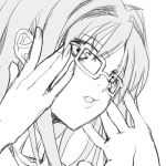  1girl adjusting_glasses aida_okiteru bad_id face glasses hands jpeg_artifacts lips long_hair monochrome open_mouth sketch solo 