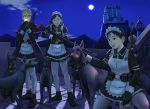  3girls bolt_action castle cigarette closed_eyes collar combat_maid dog full_moon gun machine_gun maid maid_headdress mauser_98 mg34 mimura_kaoru moon multiple_girls night original purple_sky rifle thigh-highs weapon whistle white_legwear world_war_ii 