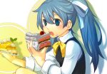  1girl blue_hair cake eating food open_mouth original pastry ponytail solo vest 
