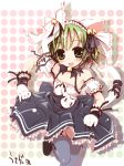  1girl :3 alternate_color animal_ears bell blue_legwear bow broccoli_(company) cat_ears cat_tail dejiko detached_sleeves di_gi_charat dress frills green_eyes green_hair hairband puffy_sleeves ribbon solo standing standing_on_one_leg tail thigh-highs wrist_cuffs 