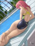  1girl ass barefoot blush brown_eyes chair competition_swimsuit dutch_angle embarrassed feet from_behind high_cut_kingdom highleg highleg_swimsuit indoors light_rays long_hair looking_back lounge_chair lying murasaki_nyaa nyanko_batake ocean on_side one-piece_swimsuit pink_hair pool pool_ladder poolside soles solo sunbeam sunlight swimsuit thigh_gap tight wet window 