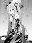  hatsune_miku imu_sanjo kneeling long_hair monochrome rain twintails very_long_hair vocaloid 