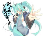  1girl blue_eyes blue_hair foreshortening hatsune_miku kanikama long_hair microphone music musical_note quaver singing solo translated twintails very_long_hair vocaloid white_background 
