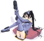  1girl bare_shoulders black_eyes black_hair blue_boots blue_legwear blush boots breasts elbow_gloves from_side full_body gloves hair_ribbon headgear high_ponytail ichijou_eika kneepits leaning_back leg_hold legs_up leotard long_hair looking_to_the_side medium_breasts motionslit pillow pilot_suit ponytail ribbon satou_atsuki shadow simple_background sitting sky_girls solo thigh-highs thigh_boots very_long_hair white_background 