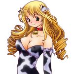  1girl animal_ears bell breasts cleavage cow_bell cow_ears cow_girl cow_print drill_hair horns kusunoki_masashige solo 