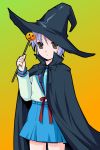  1girl cape gradient gradient_background hat ishizaki_uni nagato_yuki purple_hair school_uniform serafuku short_hair solo staff suzumiya_haruhi_no_yuuutsu violet_eyes witch_hat 