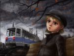  1girl autumn bench blonde_hair city grey_eyes ground_vehicle hat landscape limfoman loneliness prom railroad_tracks russia sad solo sovok train 