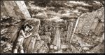  1girl artist_name city dated highres limfoman lying monochrome navel on_side panorama ruins russia sepia signature sleeping solo 