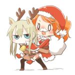  2girls animal_costume antlers aquila_(kantai_collection) blush christmas facial_hair fake_mustache gloves graf_zeppelin_(kantai_collection) hat jitome kantai_collection long_hair lowres multiple_girls mustache open_mouth piggyback rebecca_(keinelove) red_gloves reindeer_costume sack santa_costume santa_hat smile 