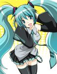  1girl aqua_hair detached_sleeves hands_on_headphones hatsune_miku headphones long_hair necktie solo thigh-highs twintails very_long_hair vocaloid won_(az_hybrid) 