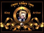  1girl :3 :d ahoge artoria_pendragon_(all) black_background blonde_hair fate/stay_night fate_(series) gao metro-goldwyn-mayer mgm open_mouth parody saber satomi short_hair simple_background smile solo text what 