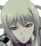  1girl blonde_hair clare_(claymore) claymore close-up grey_eyes jpeg_artifacts lowres short_hair solo takapiko 