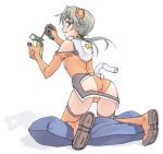  1girl ass bangs bare_shoulders blush boots breasts elbow_gloves food from_behind full_body gloves hair_ribbon halterneck headgear holding kneeling leaning_forward leotard looking_at_viewer looking_back low_twintails lowres motionslit orange_gloves orange_legwear pillow pilot_suit pocky profile ribbon satou_atsuki shadow silver_hair simple_background sky_girls small_breasts smile solo sonomiya_karen thigh-highs thigh_boots turtleneck twintails violet_eyes white_background 