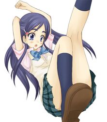  00s 1girl arms_up bbb bbb_(twintailbiyori) black_hair blue_eyes bow censored convenient_censoring convenient_leg footwear futari_wa_precure hair_ornament hairclip kneepits legs long_hair open_mouth precure purple_hair school_uniform serafuku socks solo yukishiro_honoka 