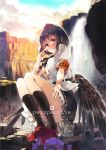  2girls armband bangs bird_wings black_hair black_legwear black_ribbon black_skirt black_wings blush breasts cover cover_page doujin_cover feathered_wings frilled_skirt frills geta hat himekaidou_hatate ken_(coffee_michikusa) leaf-pattern_stripe looking_at_viewer medium_breasts multiple_girls neck_ribbon nose_blush parted_lips pointy_ears puffy_short_sleeves puffy_sleeves red_eyes ribbon shameimaru_aya shirt short_hair short_sleeves skirt socks solo_focus squatting tengu-geta tokin_hat touhou water waterfall white_shirt wings 