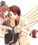  1boy 1girl blue_eyes brown_eyes brown_hair carrying cousins crown dress formal frills hairband kneehighs necktie oujima_tamaki princess_carry shoes short_hair smile suit umineko_no_naku_koro_ni ushiromiya_battler ushiromiya_maria white_background 