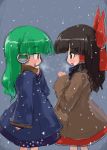  2girls black_hair breath coat earmuffs female green_hair hakurei_reimu japanese_clothes kochiya_sanae long_hair miko multiple_girls scarf snow snowing tao tao_(kadoya) touhou 