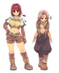  1boy 1girl blush boots breasts color_guide contrapposto fingerless_gloves full_body gloves hand_on_hip highres hunter hunter_(ragnarok_online) large_breasts looking_at_viewer ragnarok_online shorts simple_background standing white_background xration 