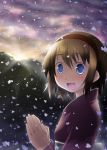  1girl alice_margatroid blonde_hair blue_eyes female hair_ornament hairband hands_clasped japanese_clothes kannazuki_hato open_mouth outdoors short_hair sky smile snow solo touhou 