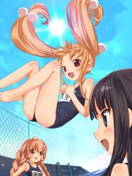  3girls barefoot braid chain-link_fence child clouds fence fisheye flat_chest hair_bobbles hair_ornament jumping kagami_kuro kodomo_no_jikan kokonoe_rin multiple_girls name_tag no_glasses one-piece_swimsuit pool pool_ladder school_swimsuit sideways_mouth sky sun swimsuit twin_braids twintails uni usa_mimi wet 