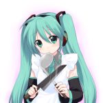  apron detached_sleeves hatsune_miku headphones knife ladle long_hair necktie twintails usashiro_mani vocaloid 