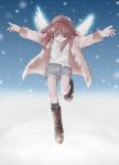  boots brown_hair closed_eyes coat floating hairband kanon shorts snow snowing tsukimiya_ayu wings 