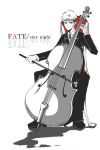  1boy double_bass emiya_shirou fate/stay_night fate_(series) formal full_body instrument male_focus monochrome simple_background solo spot_color suit 