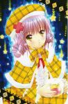  1girl blush hair_ornament hat hinamori_amu official_art peach-pit pink_hair plaid ribbon scan shugo_chara! solo winter yellow_eyes 