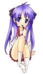  1girl arm_support blue_eyes blush hiiragi_kagami long_hair looking_at_viewer lucky_star no_shoes pleated_skirt pocky purple_hair school_uniform serafuku simple_background sitting skirt smile socks solo twintails white_background white_legwear 