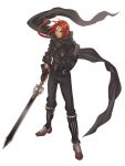  1boy belt bindi black_gloves black_scarf boots braid facial_mark forehead_mark full_body gloves hatake_michi long_hair looking_at_viewer male_focus one_eye_closed pants red_eyes redhead scarf simple_background single_braid solo standing sword weapon white_background 