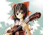 1girl acoustic_guitar black_hair bow detached_sleeves female guitar hair_bow hakurei_reimu imperishable_night instrument open_mouth smile solo suina touhou 
