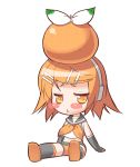  1girl amasa_mitsunaru blush chibi food food_as_clothes fruit full_body kagamine_rin mandarin_orange orange orange_(color) sailor_collar solo transparent_background vocaloid 